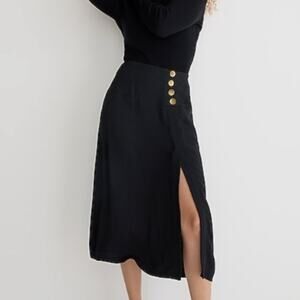 J. Crew | Side Slit Crepe Midi Skirt Gold Buttons Casual Fall Black Size 6